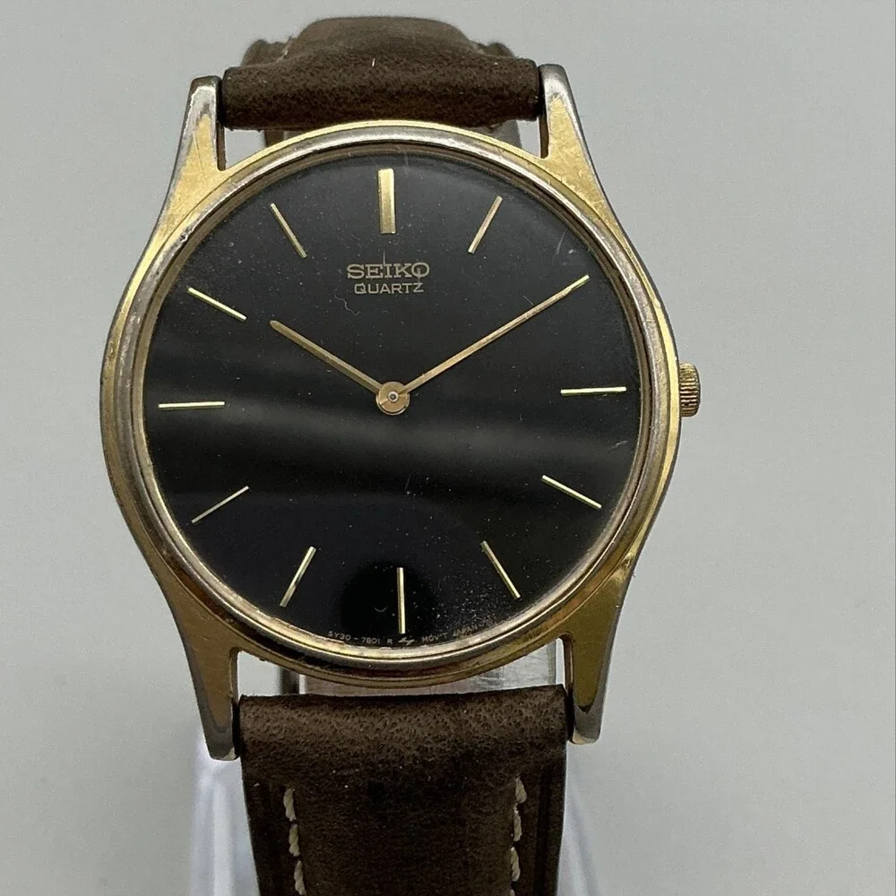 Vintage Seiko Mens Watch 32mm Black Dial Gold Tone Leather 5Y30-7A71 New Battery